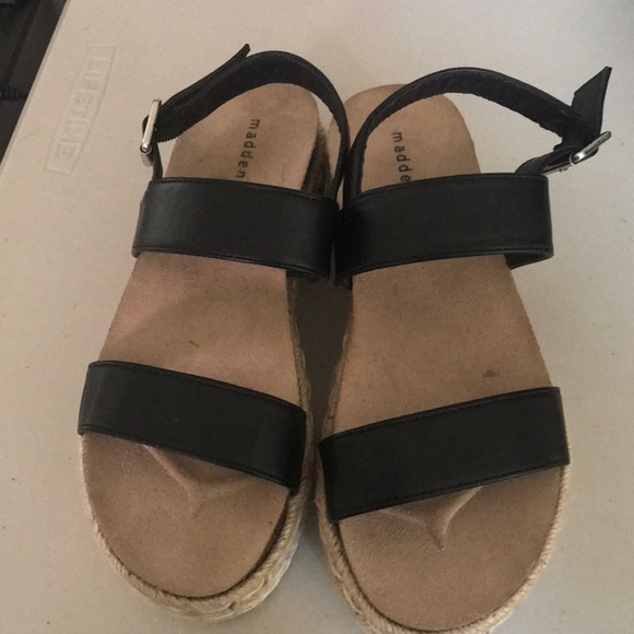 Madden Girl Pre-Owned Espadrille Black/Tan/White Sandals -Size 8 - Picture 1 of 11
